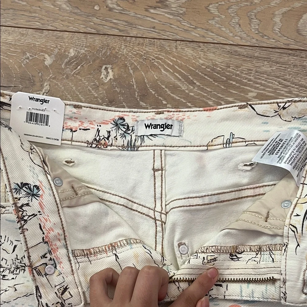 Wrangler Cream Desert Print Jean Shorts with Coral and Blue Accents